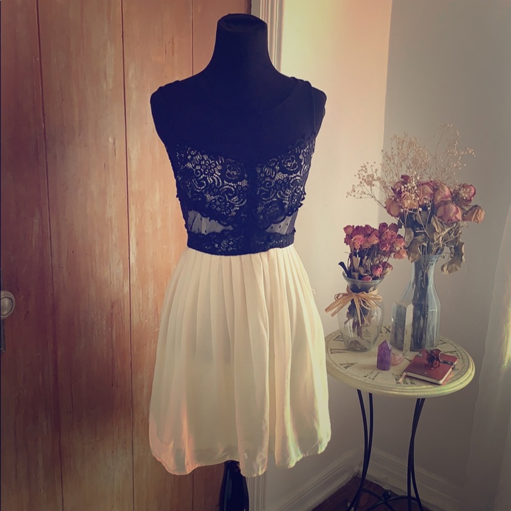 Black Lace and sheer cream cocktail dress